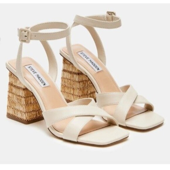 Steve Madden Renley Raffia Block Heel Ankle Strap Sandals Bone Size 11 Prom 3.5" - Picture 2 of 16